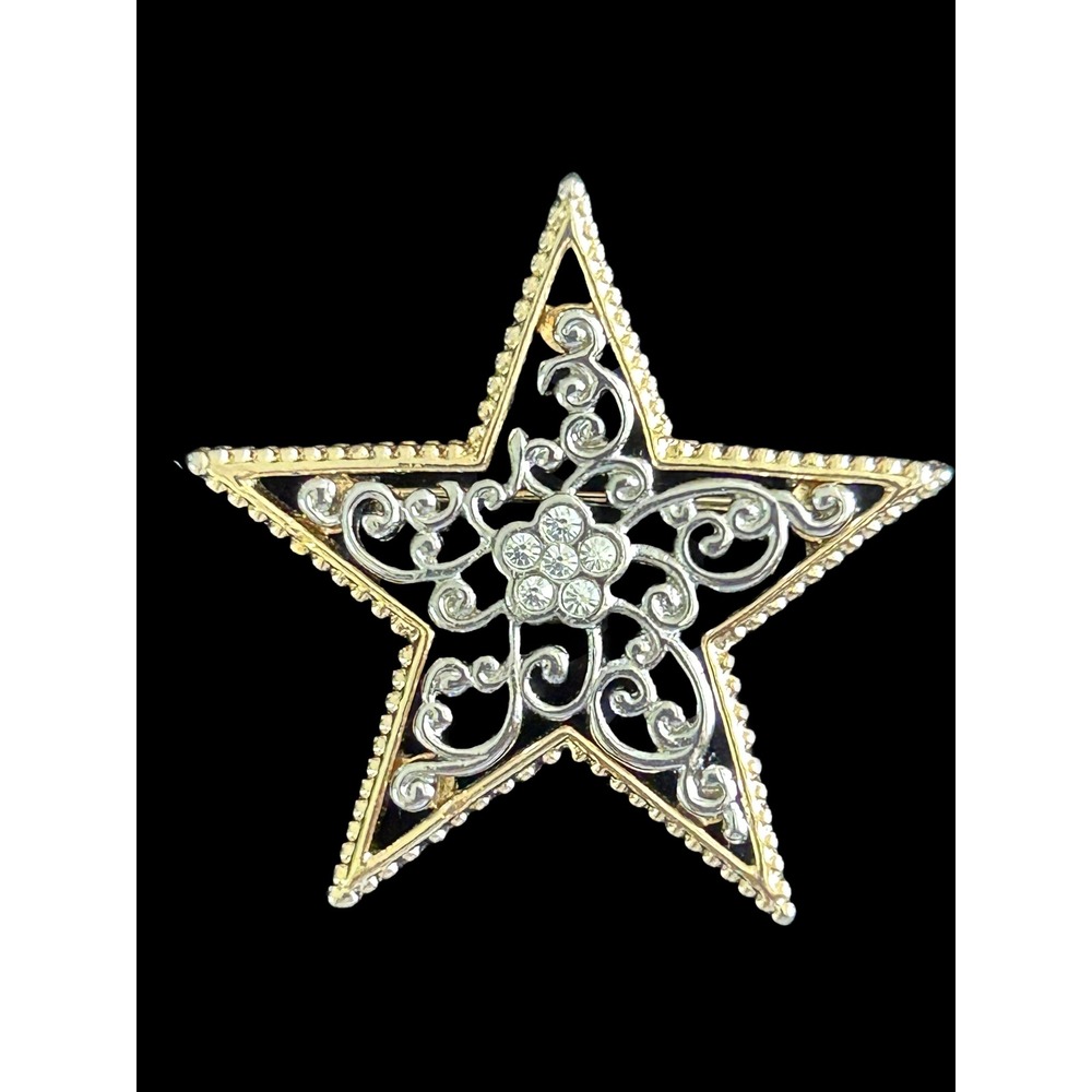 Vintage Gold And Silver Tone Filigree Star With‎ Rhinestones Brooch